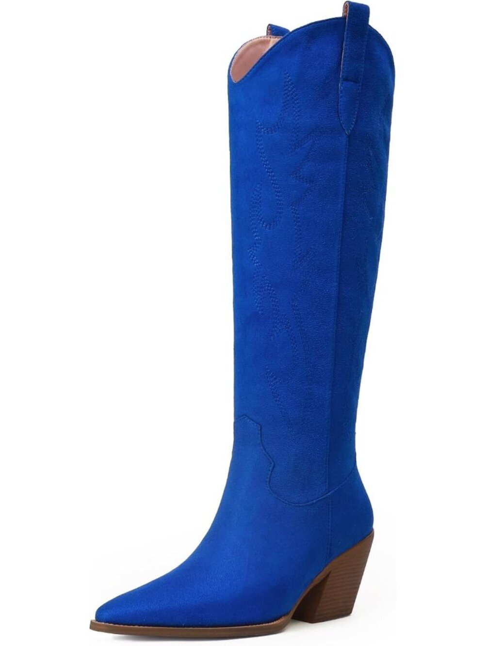 Women Royal Blue Faux Leather Knee High Pointed Toe Block Heel Cowboy Boots